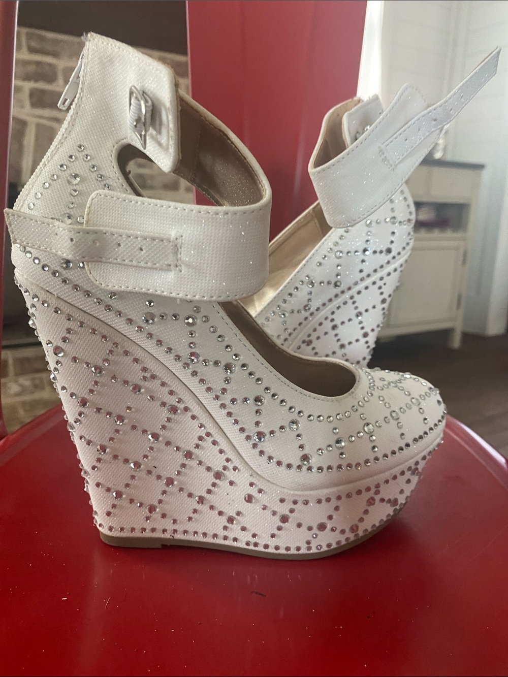 Women's White Crystal-Embellished Wedge Heels with Ankle Strap adorable